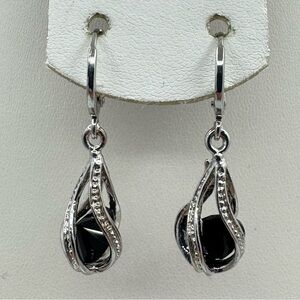 New Silver Plated Black Crystal Teardrop Dangle Earrings w/ CZ Accents